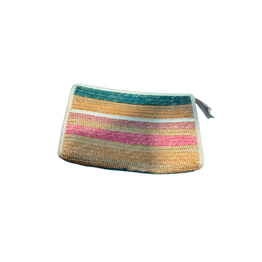 Woven Straw Clutch Stripedโ Multicolor Vintage 70s Boho Zipper Pouch